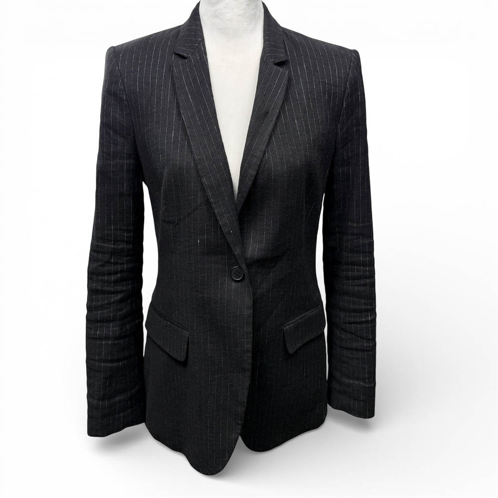 Kobi Halperin Pinstripe Blazer Single Button‎ Womens Size S Black Linen Blend
